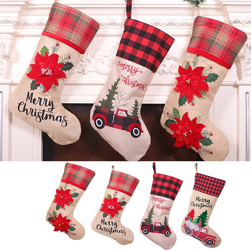 Travelwant Christmas Stockings, Big Xmas Stockings, Burlap Plaid Style with Snowflake Santa 