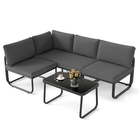 Gymax Set of 4 Patio Furniture Set w/Cushions & Tempered Glass Coffee Table for Garden Black