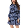 thumbnail image 1 of Vestidos de verano para mujer 2025 Floral con lazo en el cuello en V, semi transparente, de manga larga, con capas, vestido corto de gasa, L azul oscuro con flores, 1 of 6