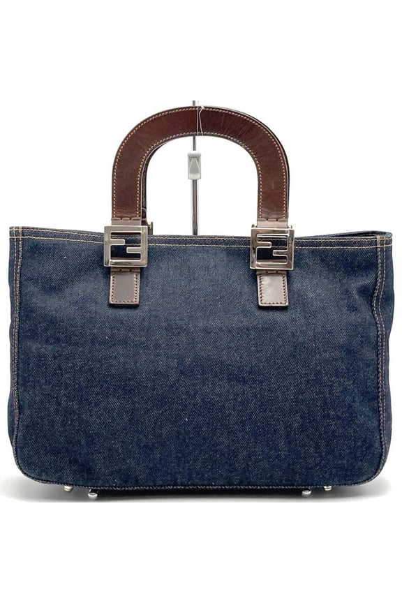Pre-Owned FENDI handbag tote bag denim leather navy women's men's (Good)