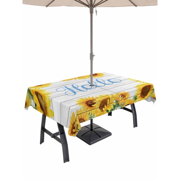 Outdoor Tablecloths with Umbrella Hole & Zipper, Sunflowers Tablecloth Rectangle 60x84 Inch, Yellow Flowers Summer Botanical Pastoral Wooden Waterproof Table Cloth, Patio/Pool/Picnic Table Covers