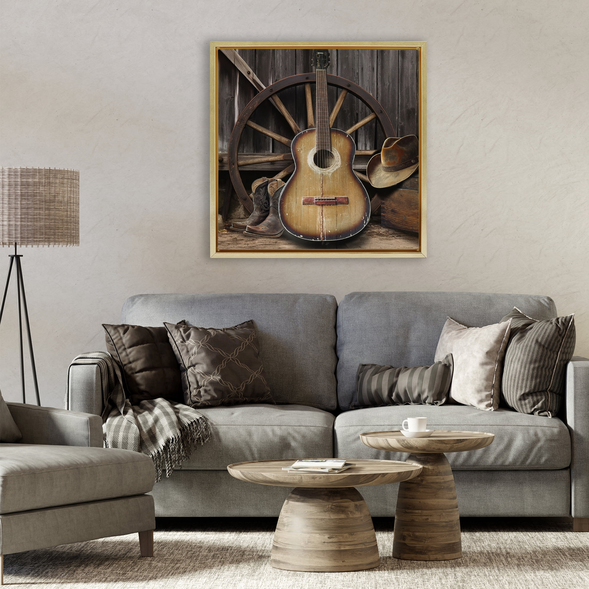 Stupell Industries Rustic Western Guitar with Hat Gold Framed Floater Canvas Wall Art, design by CAD Designs