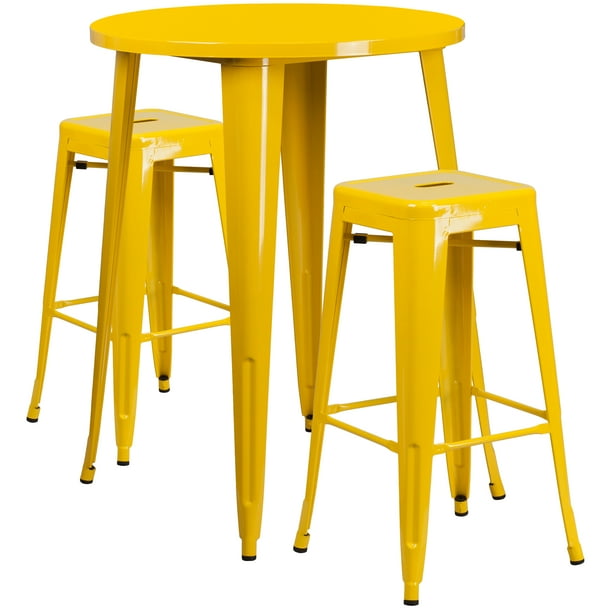 Flash Furniture Boyd Commercial Grade 30 Round Yellow Metal Indoor Outdoor Bar Table Set With 2 8555