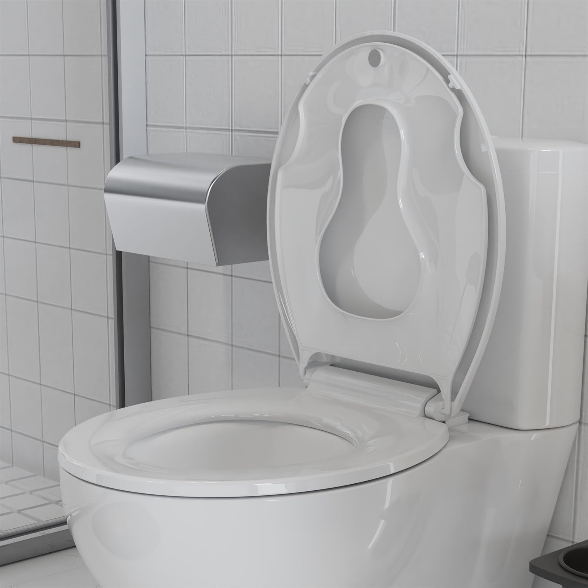 Slow-Close Elongated Toilet Seat with Built-in Potty Training Child Seat, Easy Installation & Cleaning, Stain-Resistant White PP Material for Family Use