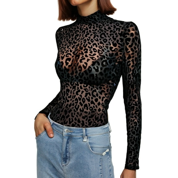 Wangmeiwg Women's Sleepwear Women Onesises Lace Mesh Flocked Leopard Print See Through Slim Fit Long Sleeved Jumpsuit for Elegant Nights S Black