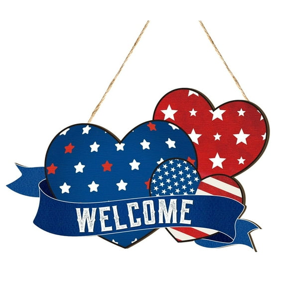 4th of July Decor, Fourth Of July Patriotic Welcome Sign On Front Door Independence Day Wooden Heart Welcome Hanging Sign Memorial Day Hanging Wall Decoration On Front Porch Home Wall Garland