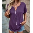 thumbnail image 3 of Bienvenido Verano Top Botón Delantero Manga Corta Cuello En V Transpirable Cómodo Casual Camiseta Púrpura XL, 3 of 7