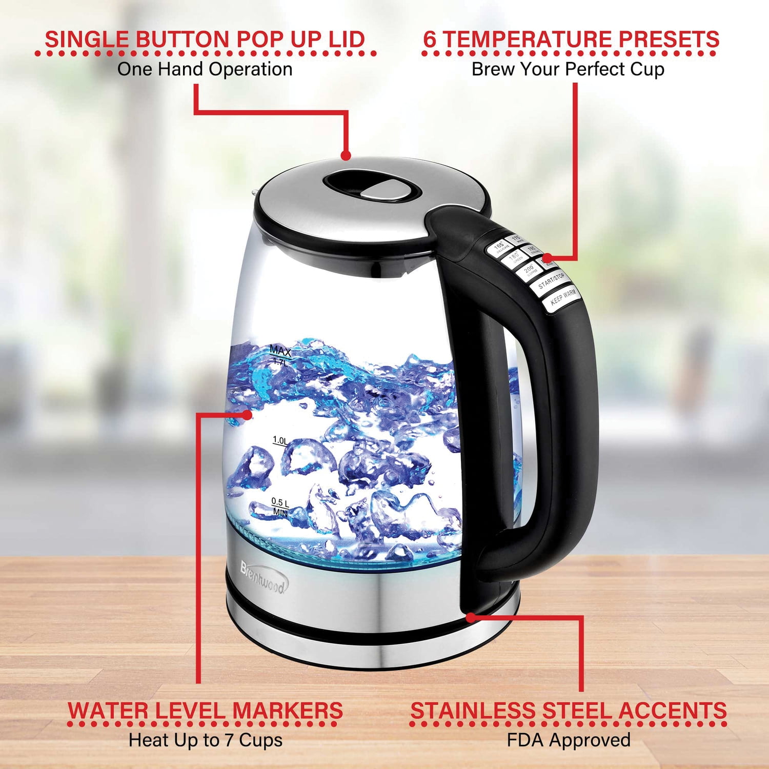 Brentwood Glass 1.7 Liter Electric Kettle with 6 Temperature Presets in Black