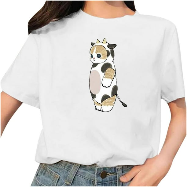 Camiseta blanca informal con cuello redondo y manga corta con estampado de gato bonito para mujer Pompotops hkajfhjk459236