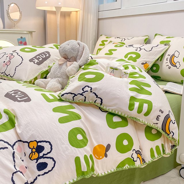 INS Girls Cherry Bedding Set Soft Washed Cotton Bed Sheet Queen King Size Simple Quilt Cover Pillowcase Bed Linens