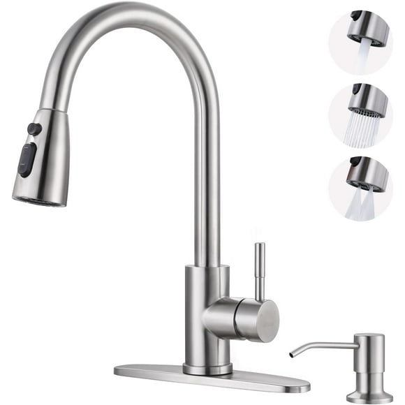 TRAHOO-Kitchen Faucet with Soap Dispenser, Stainless Steel Kitchen Sink Faucet, Pull Down Kitchen Faucet Brushed Nickel Utility Sink Faucet Single Handle High Arc Kitchen Tap for Sink, RV, Laundry, B