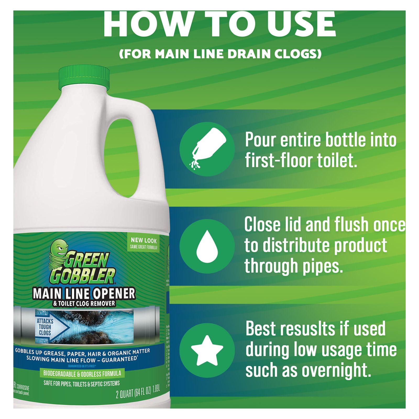 Green Gobbler Ultimate Main Drain Opener | Drain Cleaner Hair Clog Remover | Works On Main Lines, Sinks, Tubs, Toilets, Showers, Kitchen Sinks | 64 fl. oz. - image 5 of 9
