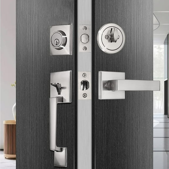 Single Cylinder HandleSet with Lever Door Handle, Deadbolt and Door Knob Set for Entrance and Front Door Reversible for Right and Left