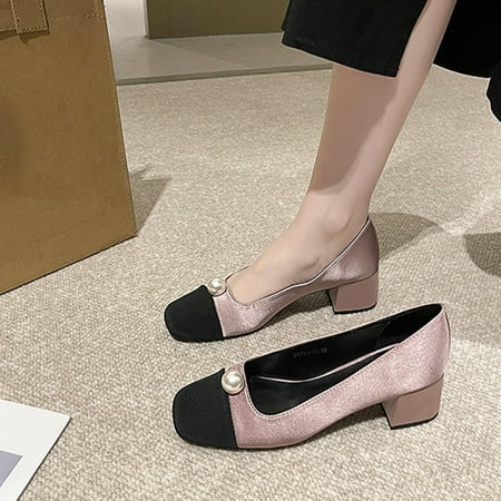 

YYYTop Retro Work Office Dress Shoes Sandalias De Mujer Retro Middle Heel Mary Shoes Pearl Colorful Fashion French Middle High Heel Squares Head Single Shoes Colorblocked Satin High Heels Wedding Sho