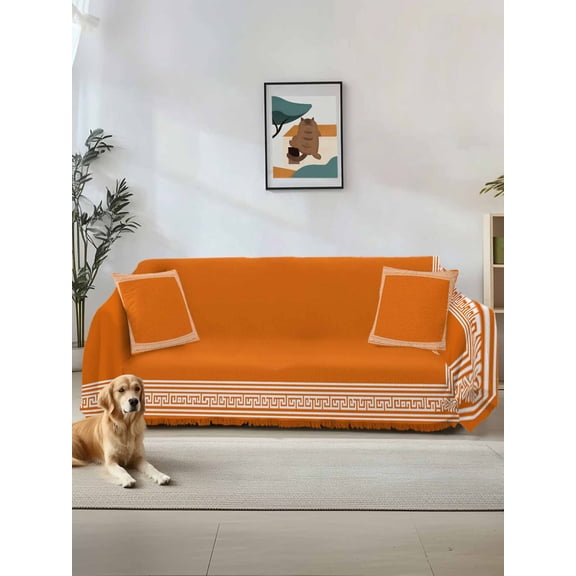 Burnt Orange Geometric Sofa Covers for 2-3 Cushion Couch L-Shaped Sectional, Country Greece Key Art Washable Sofa Covers Slipcover for Living Room Furniture, Couch Cover Blanket 71"x134"