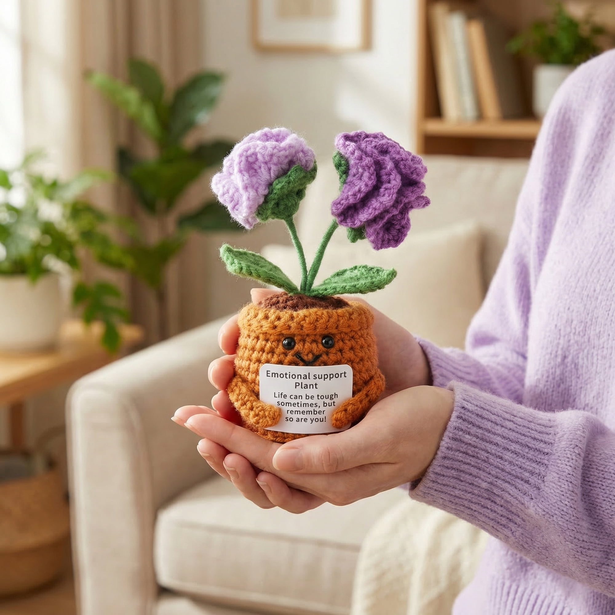 Unique Bargains 2Pcs Handmade Crochet Carnation Knitted Potted Plant Purple Yellow 4.3in