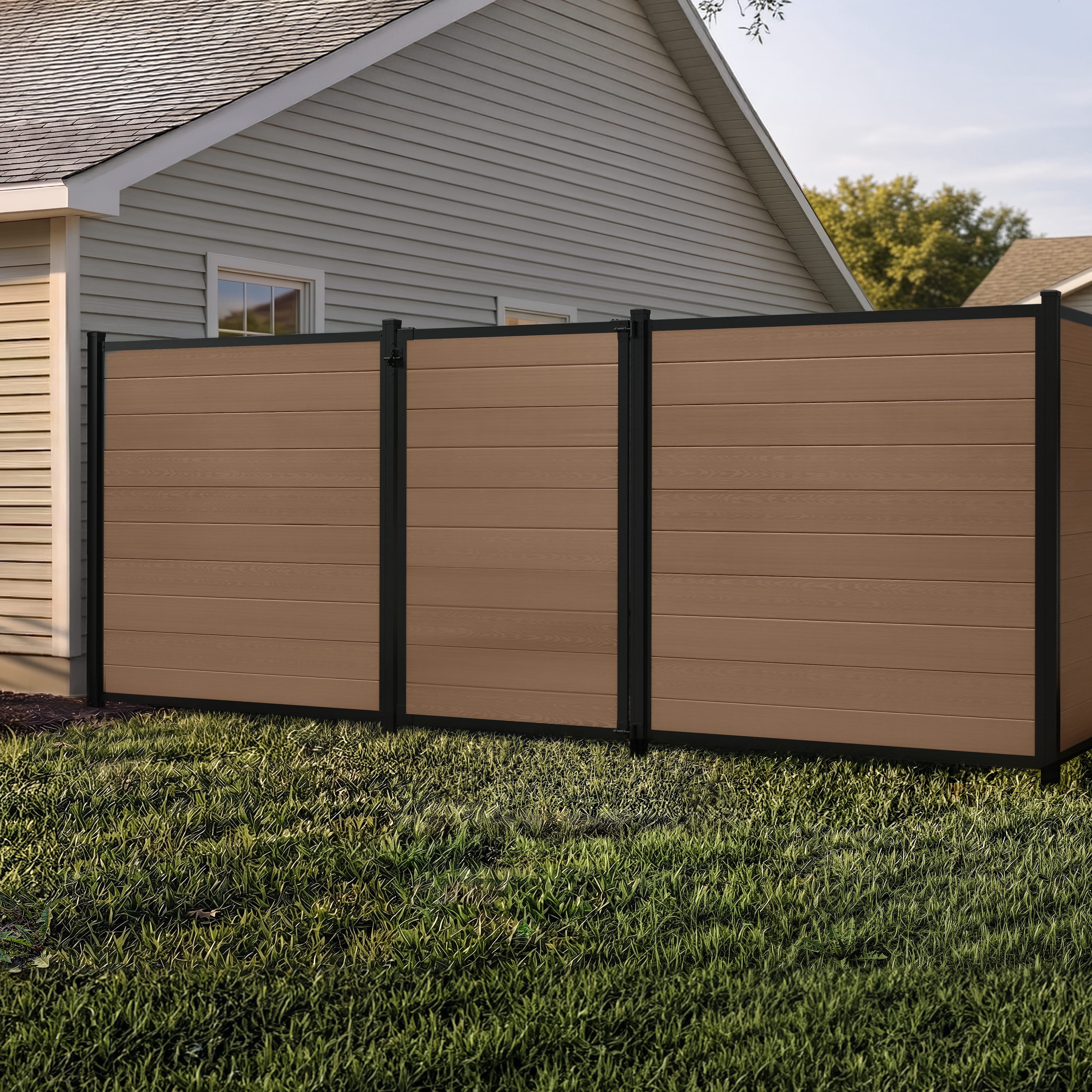 6ft H x 4ft W WamBam Privacy Fence Gate, Composite Fence Gate Kit with Aluminum Frame, Woodgrain Boards, No-Dig Install, UV Resistant Outdoor Gate for Backyard Patio or Pool, Walnut Brown BL19116