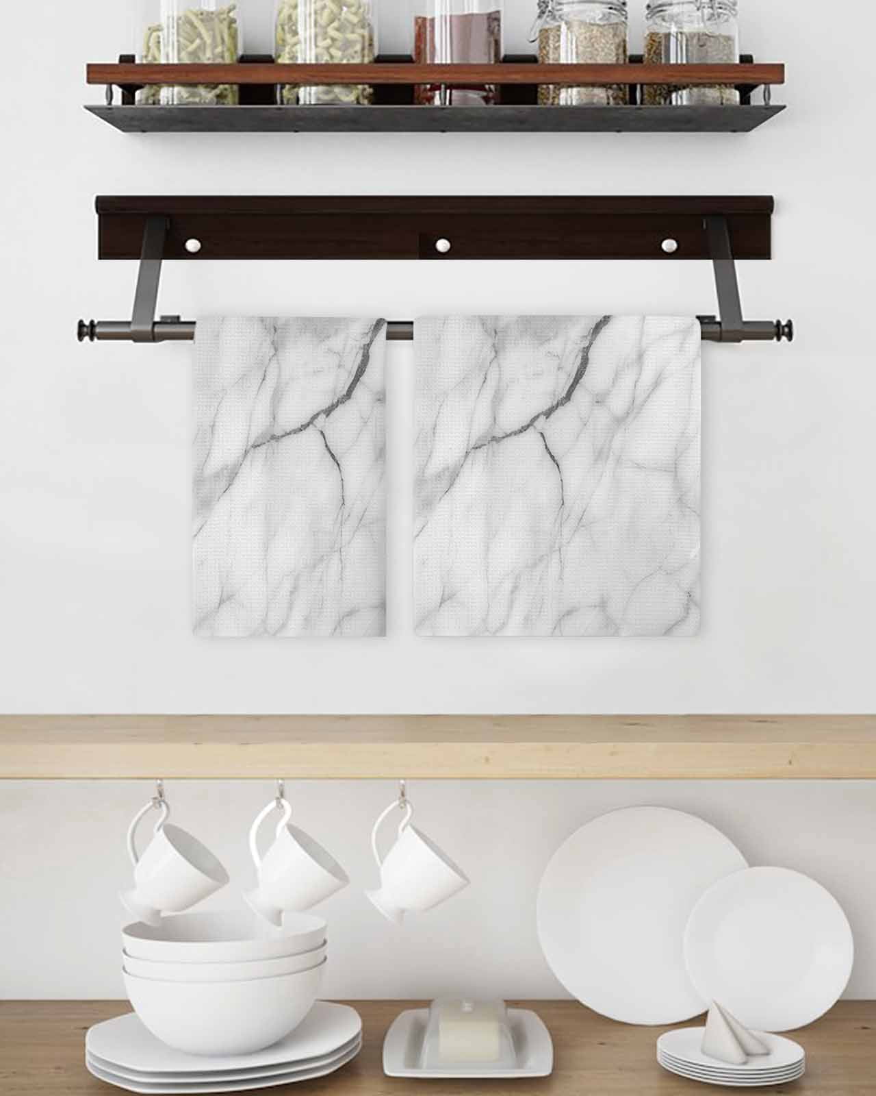 White Marble Kitchen Dish Towels for Drying Dishes Set of 2, Modern Geometric Abstract Minimalist Crack Waffle Weave Microfiber Hand Tea Bathroom Towels Quick Dry & Absorbent Towel 15.7x23.6