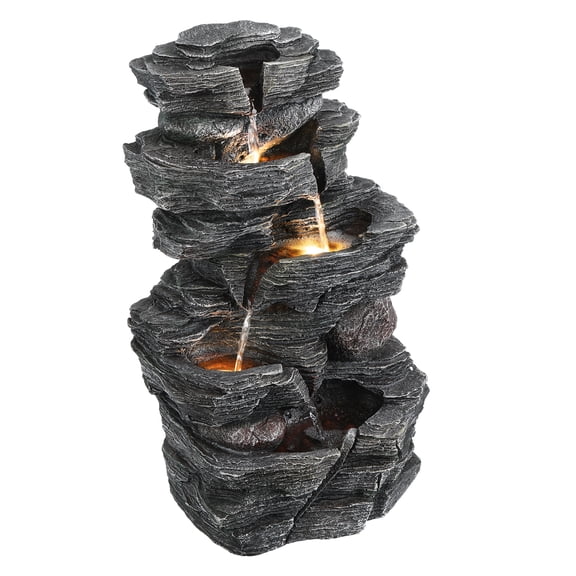 Yipinau Outdoor Cascading Rock Water Fountain with LED Warm Light, Garden Waterfall Fountain for Patio Backyard Porch Decor, Resin Water Feature