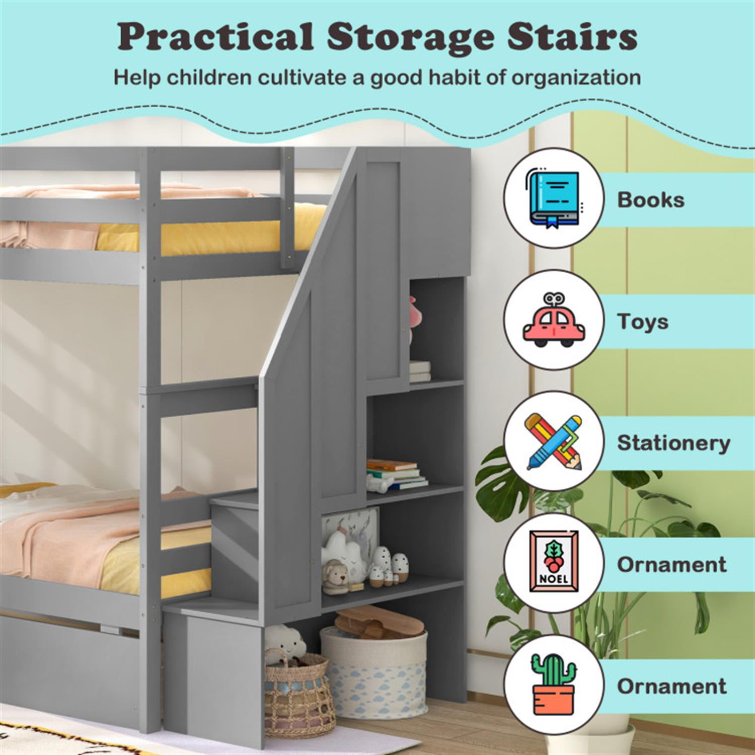 Demi Bonn Twin Over Twin Bunk Bed with Storage Stairs and Drawers, Solid Wood Bunkbeds Frame for Bedroom, No Box Spring Needed, Gray