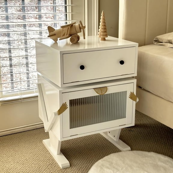 RoyalCraft Nightstand with LED Light Strips, Rotating Drawer & Glass Door Storage, White