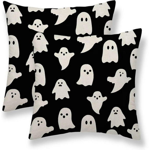 Happy Halloween Pillow Covers 18x18 Set of 2, Halloween White Ghost Decorative Throw Pillow Covers Holiday Farmhouse Outdoor Black Pillowcase for Couch Sofa Home Decor
