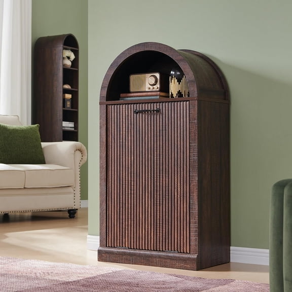JessieMal Arch Tilt-Out Trash Can Cabinet, Fluted Kitchen Trash Can 10 Gallon with Open Shelf, Modern Laundry Hamper Cabinet, Hidden Garbage Can with Storage Basket for Living Room, Kitchen Brown