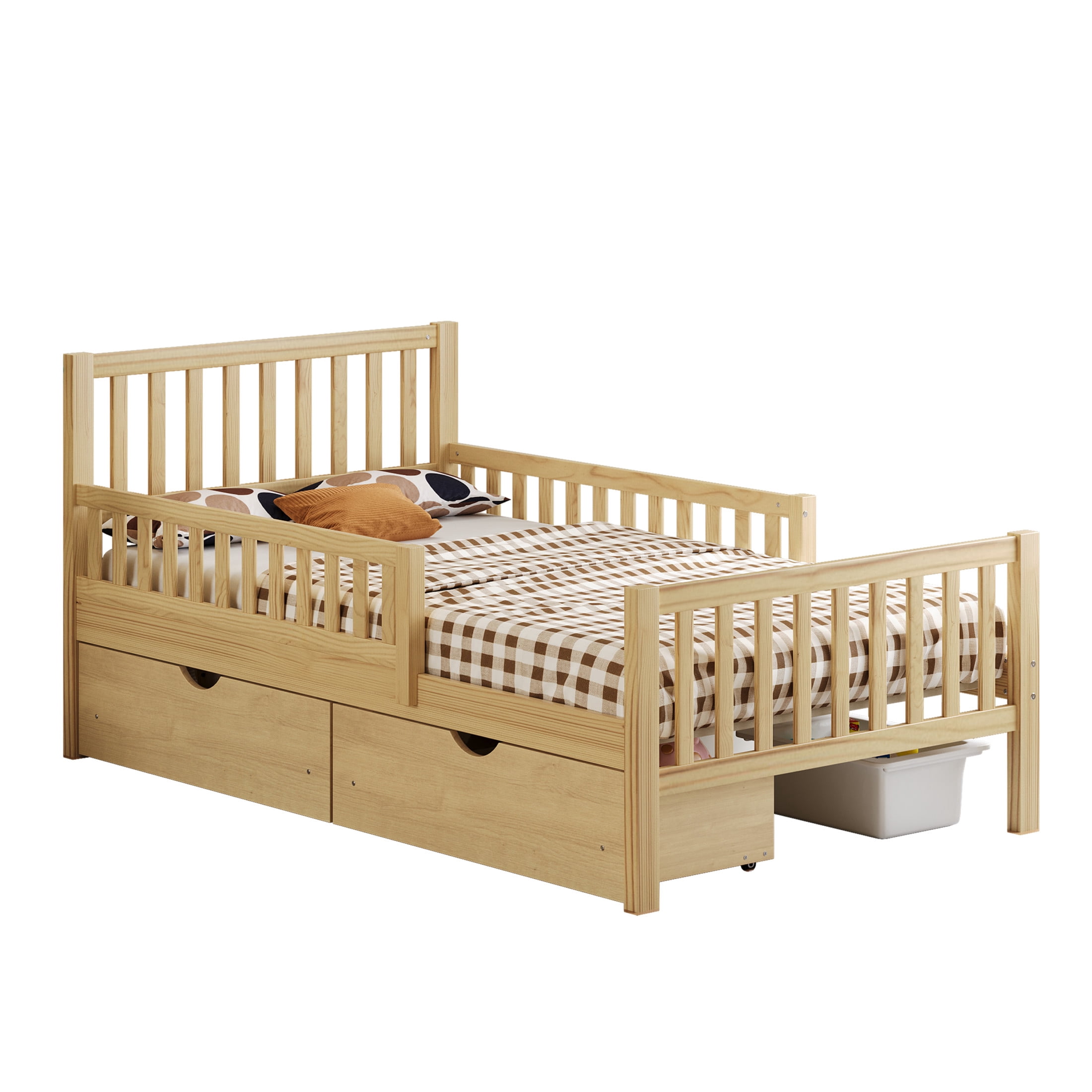 Noble House Twin Size Wood Platform Bed with Guardrails and 2 Storage Drawers, Natural