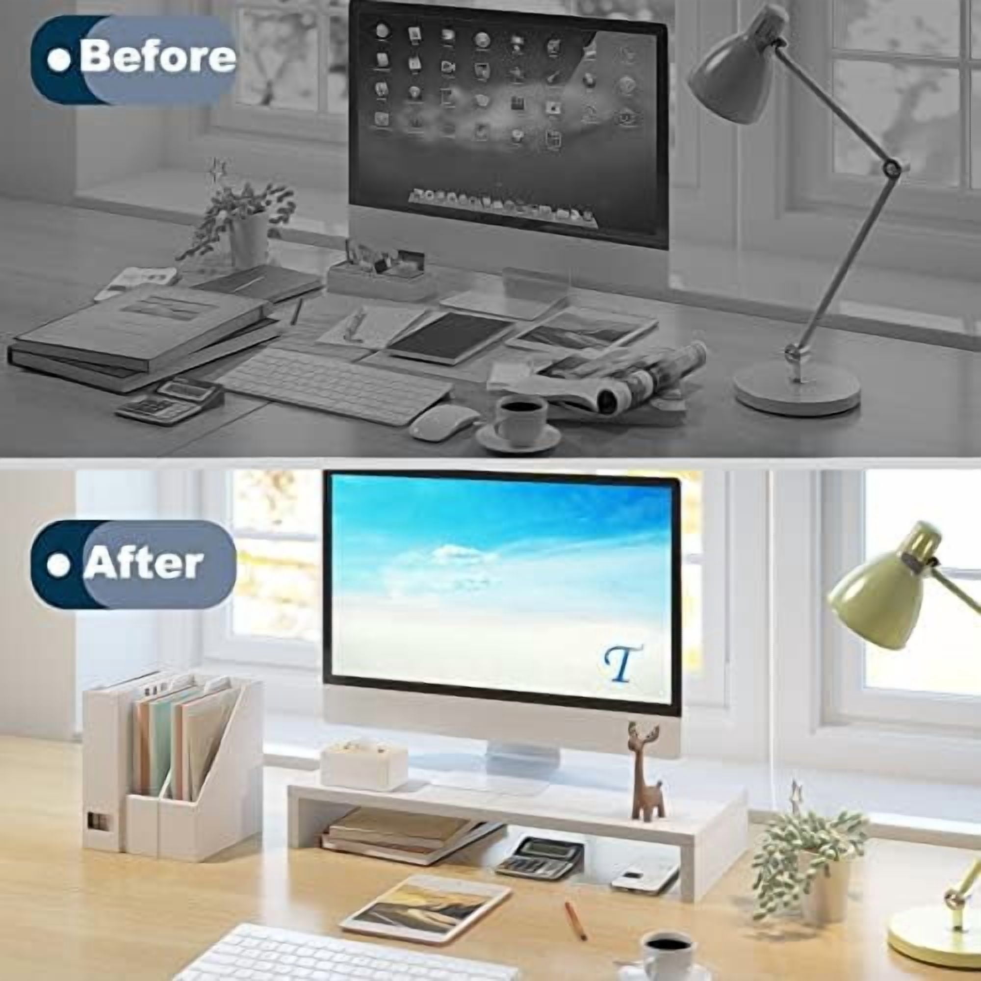 20 inch White Monitor Stand Riser, Wood Desktop Stand for PC/TV/Laptop/Printer, White Monitor Riser with Storage, Computer Stand with Keyboard Organizer