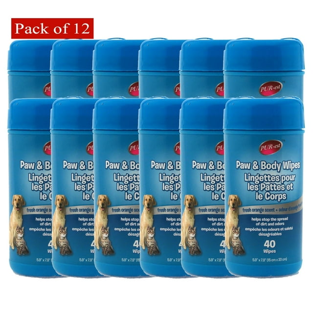 Purest Lingettes pour Pattes et Corps d'Animaux Fraîches Bio 40 Unités x 12
