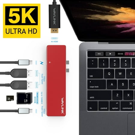 Wavlink USB-C Hub Aluminum Type C Adapter for Macbook Pro 2016/2017 13&15, Best dock- 5K@60Hz 40GbS TB3, Pass-Through Charging, USB-C data port, 2 USB 3.0, SD / Micro SD Card