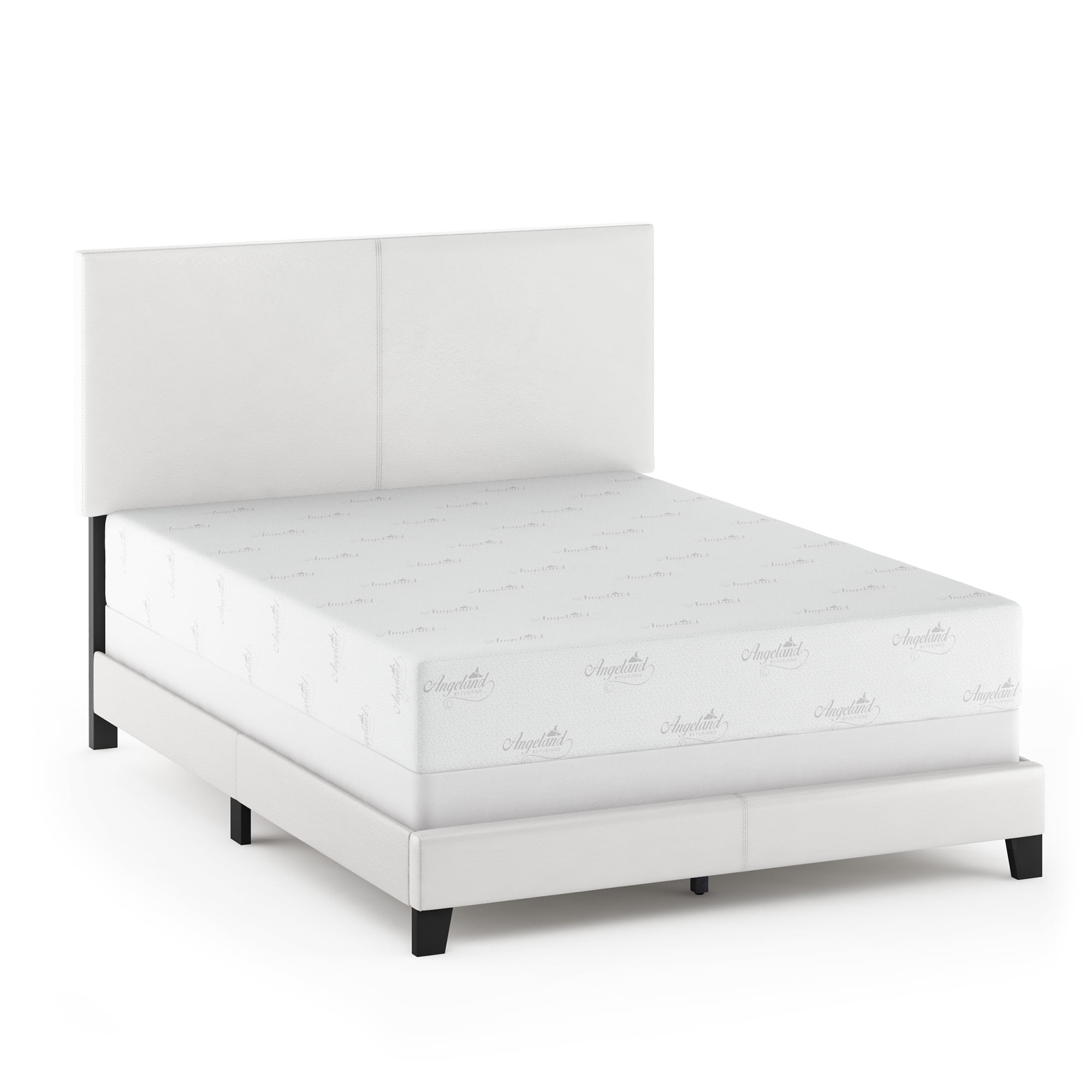 Furinno PESSAC Queen Upholstered Bed Frame with PU Leather Headboard and Wooden Slat Support, Plain White