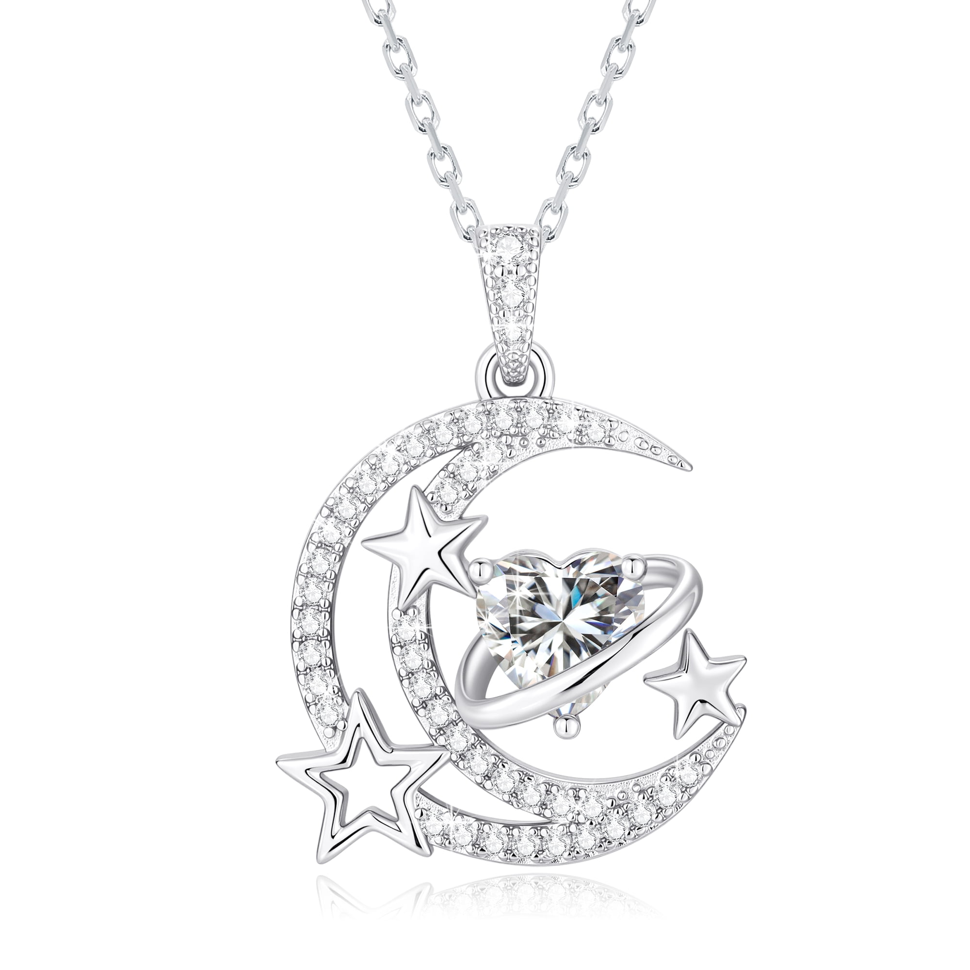 Yndra Moon Star Heart Necklace for Women,S925 Sterling Silver April Simulated Diamond Birthstone Heart Pendant Jewelry Gift for Her Wife Mom Girlfriend,Birthday Valentine’s Day Mother’s Day Gift