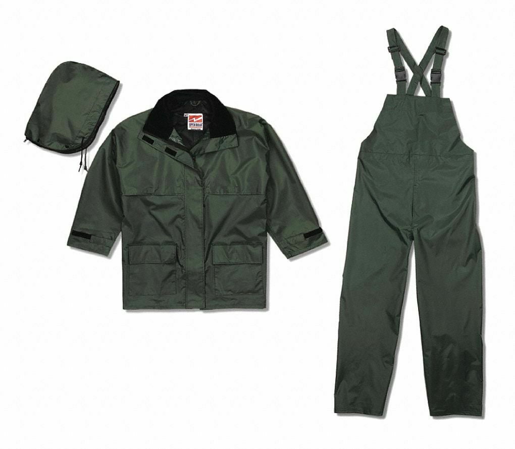 3Piece Rain Suit with Jacket/Bib Overall, ANSI Class Unrated, XL, Green, High