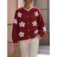 thumbnail image 4 of Women 3D Floral Applique Pearl Button Scalloped Trim Crew Neck Knit Cardigan Red S, 4 of 9