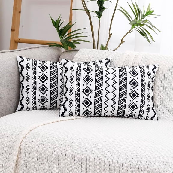 Black and White Aztec Western Boho Lumbar Pillow Covers 12x20 Set of 2, Black Boho Lumbar Pillows 12 x 20, Black Western Bohemian Decor for Living Room Couch Bedroom Bed