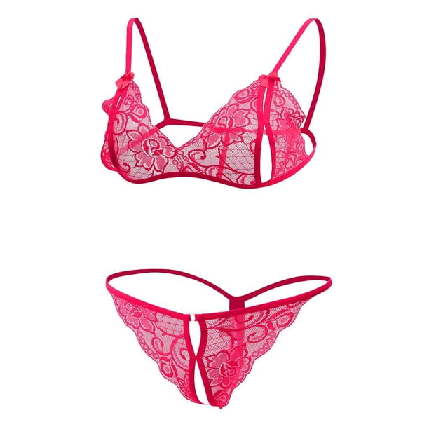 Conjunto de Lencería de Encaje Floral Transparente Caliente Sin Forro Y Bragas Sin Entrepierna Ropa de Dormir para Mujer Rosa Soledad conjunto de bragas sujetador