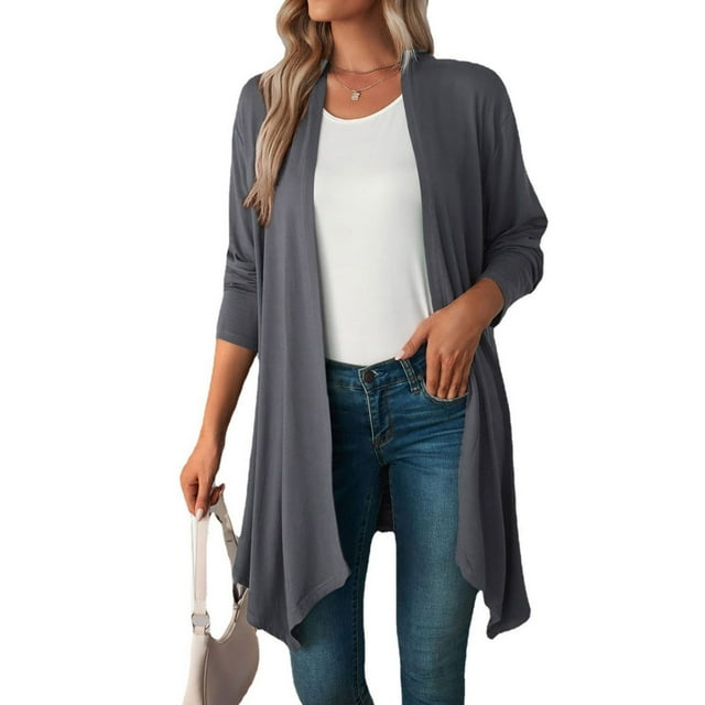 Frostluinai Cardigans Légers pour Femmes Manches Longues Couleur Unie Cardigan Ouvert devant Cardigan Long Extensible Doux