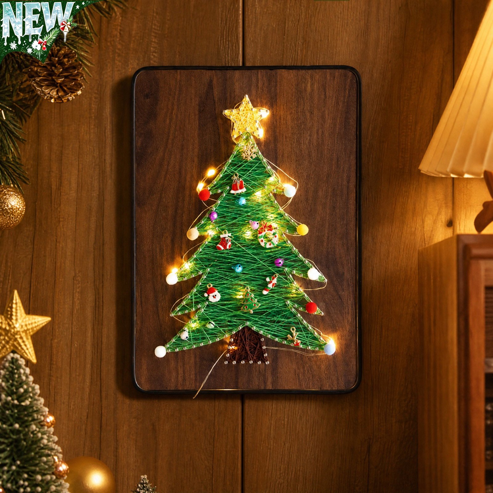 Wooden String Art Wall Plaque LED Lit Santa Claus Craft Board DIY Assembled Indoor Wall Hanging Holiday Sign Gift for Christmas Home Hanging Decoration Party Favors