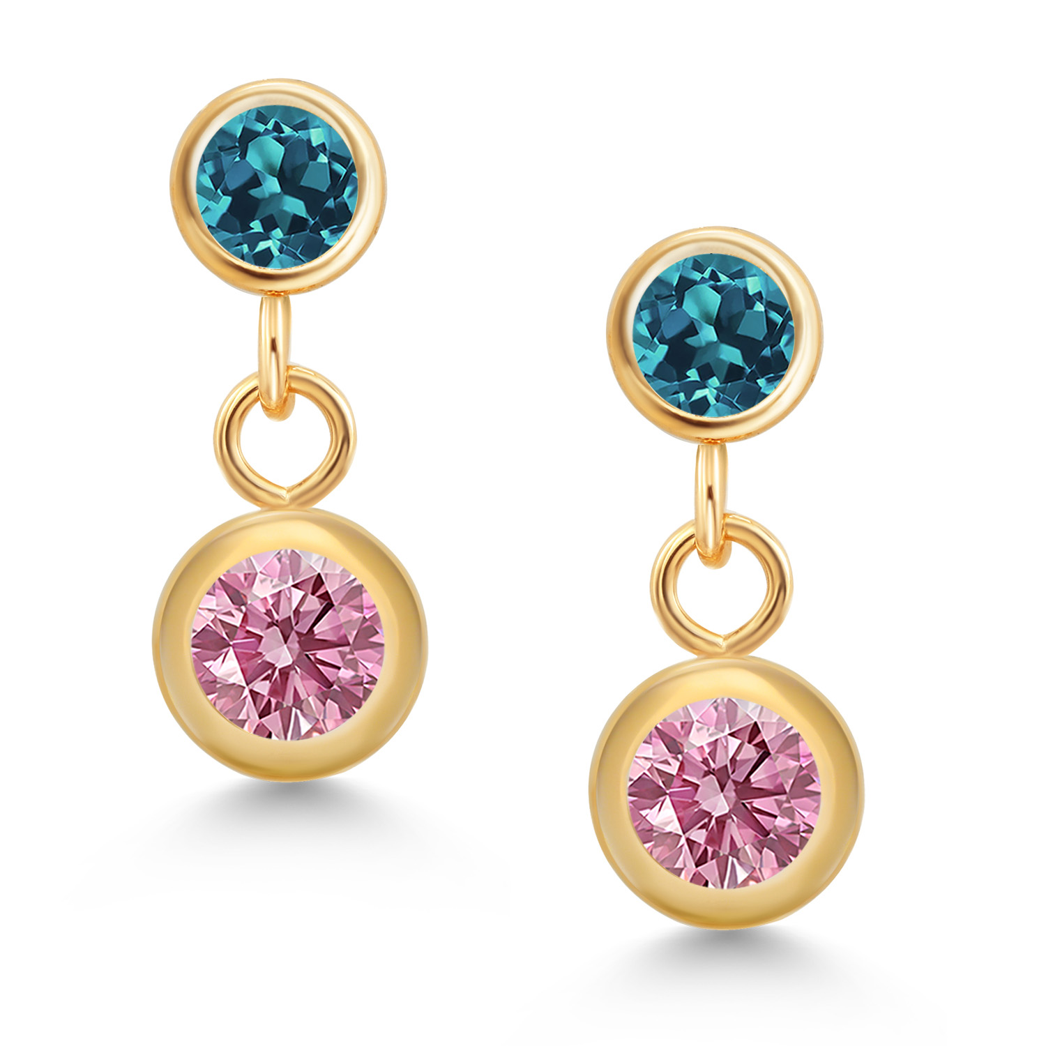 Gem Stone King 14k Yellow Gold Pink Lab Grown Diamond and London Blue Topaz Two Stone Dangle Earrings for Women (0.76 Cttw, Gemstone April Birthstone, Round 4MM, Round 3MM)