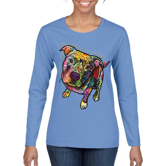 Dean Russo Some Angels Dog Lover Womens Graphic Long Sleeve T-Shirt, Light Blue, Large