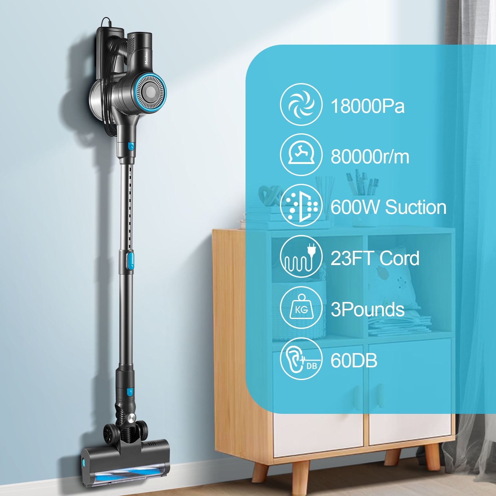 Moolan Lightweight Cordless Vacuum Cleaner, 6 in 1 Powerful Suction Rechargeable Cordless Stick Vacuum with LED Lights 40Min Runtime for Ho 並行輸入品 - MOOLAN 28KPA Cordless Vacuum Cleaner, 6 in 1