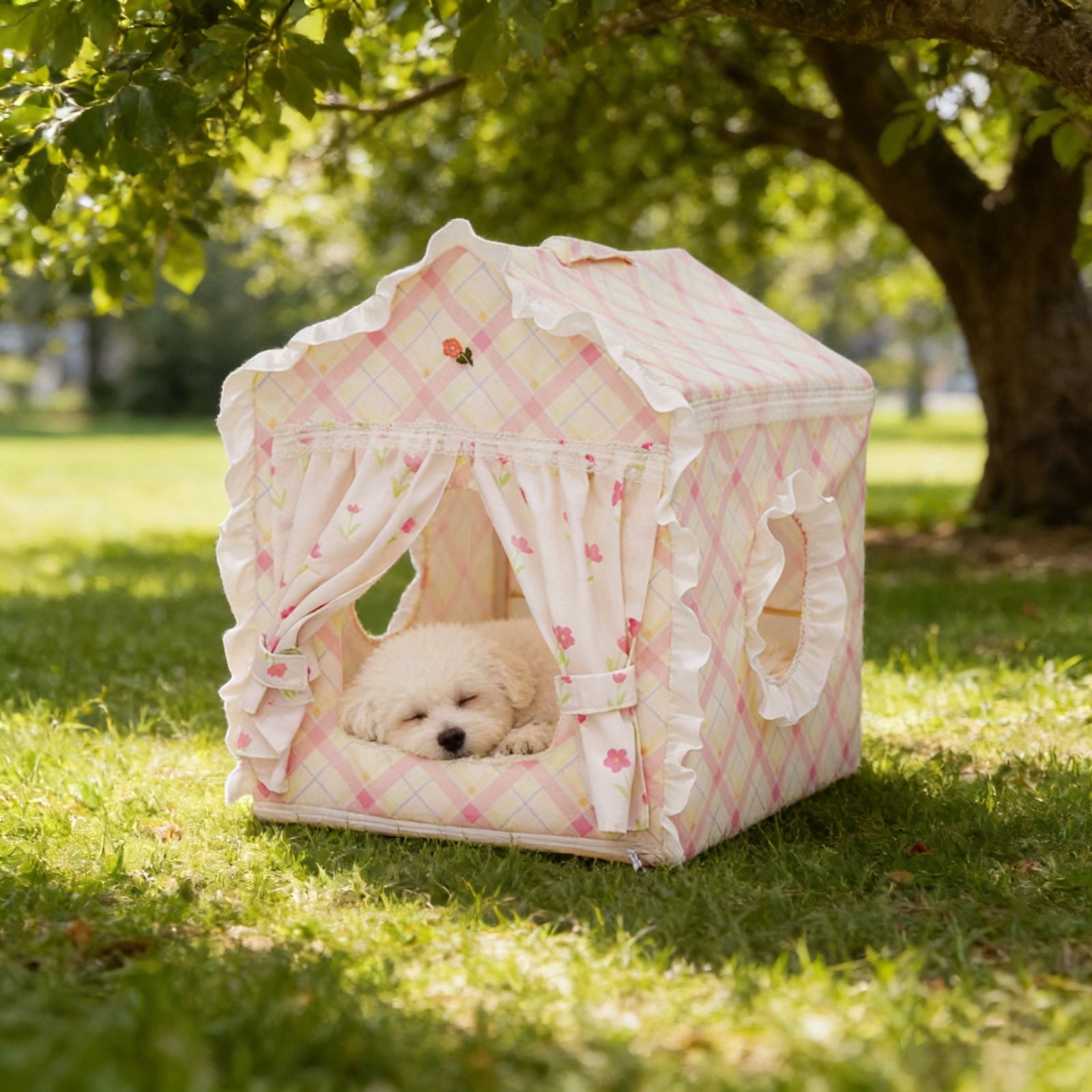 Indoor Dog House with Frame, Cute Dog Tent Bed with Cover Cave, Breathable, Washable, and Foldable House, Suitable for Puppy and Cats Pink