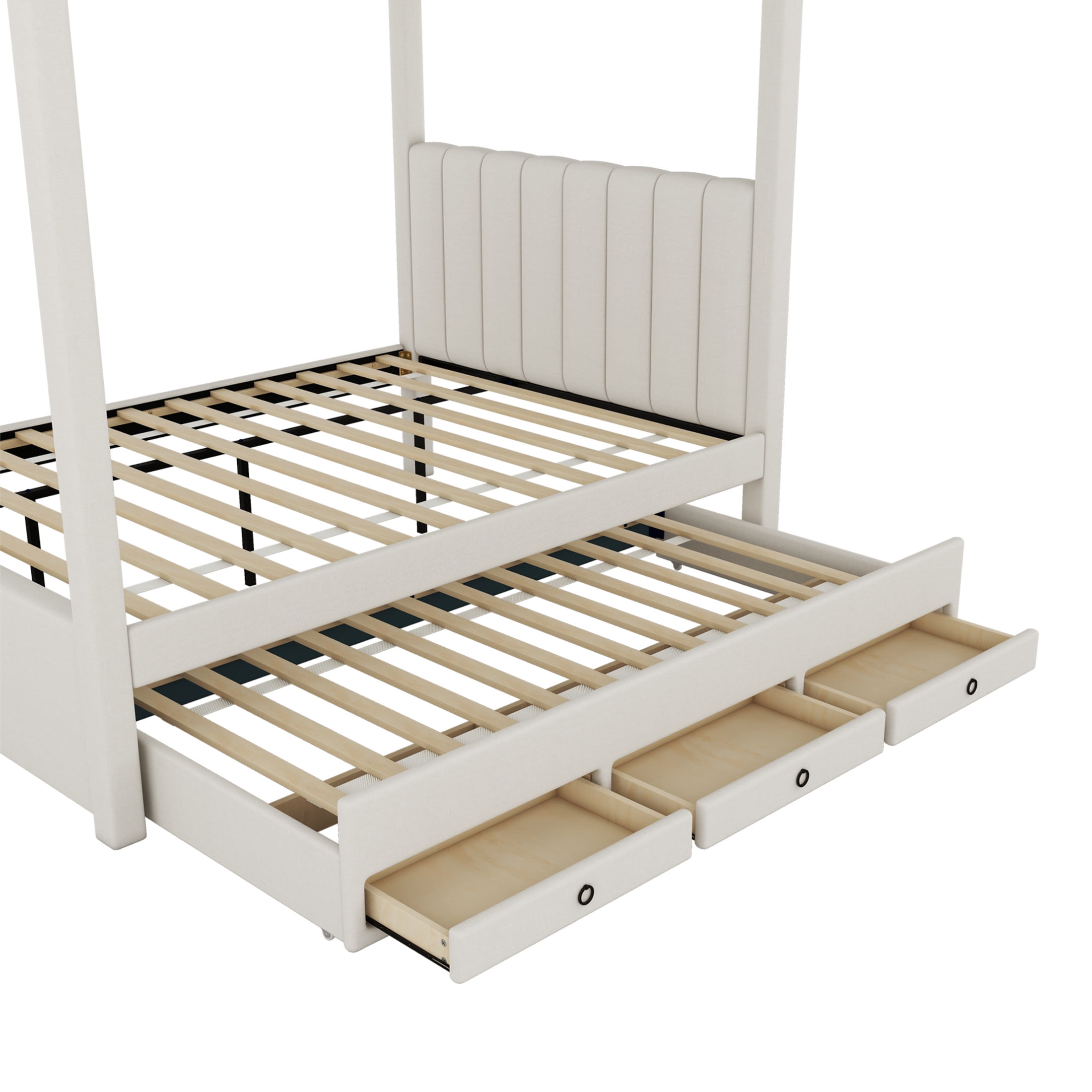 Noble House Full Canopy Platform Bed, Linen Upholstered Frame with Trundle and Storage Drawers, Beige