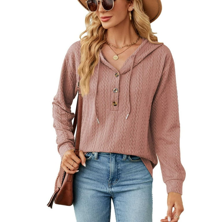 Olyvenn Womens Drawstring Hoodie Tunic Thin Sweatshirts Raglan Sleeve Long Sleeve Tops Elegant Stylish Solid Tees Hooded Neck Front Pockets Casual