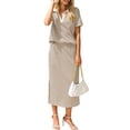 thumbnail image 2 of Women'S Skirt Sets 2 Piece Outfits Summer Casual Striped Short Sleeve Skirt and Top Set Khaki S, 2 of 10