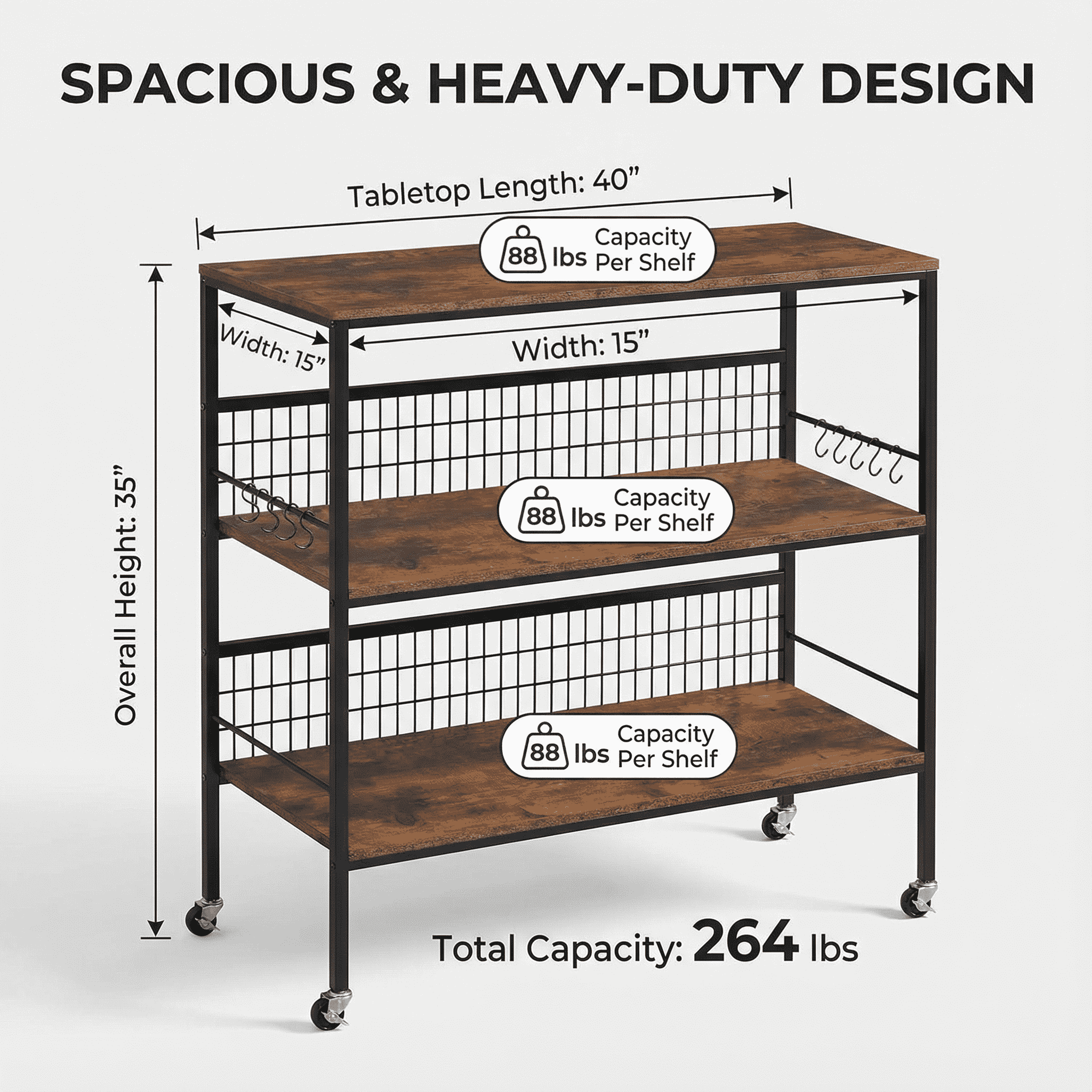 40" Wheeled Kitchen Storage Cart Island with Shelves, Copedvic 3-Tier Kitchen Bakers Rack with 10 Hooks