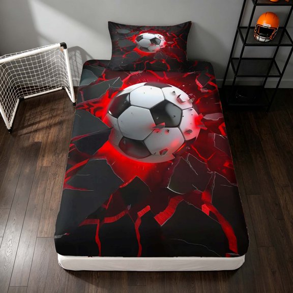 Manfei Soccer Sports Twin Fitted Sheet, Neon Lightning Bedding, Teal Crack Glow 2 Pieces, 1 Fitted Sheet and 1 Pillowcase