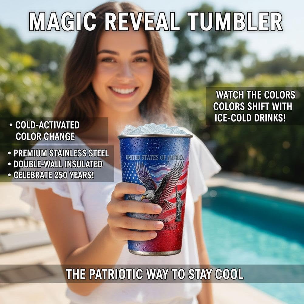 Patriotic Color Changing Cups, 250th Anniversary USA Stainless Steel Tumbler 16.9 oz, Cold Activated Red White Blue Reusable Drinking Mug