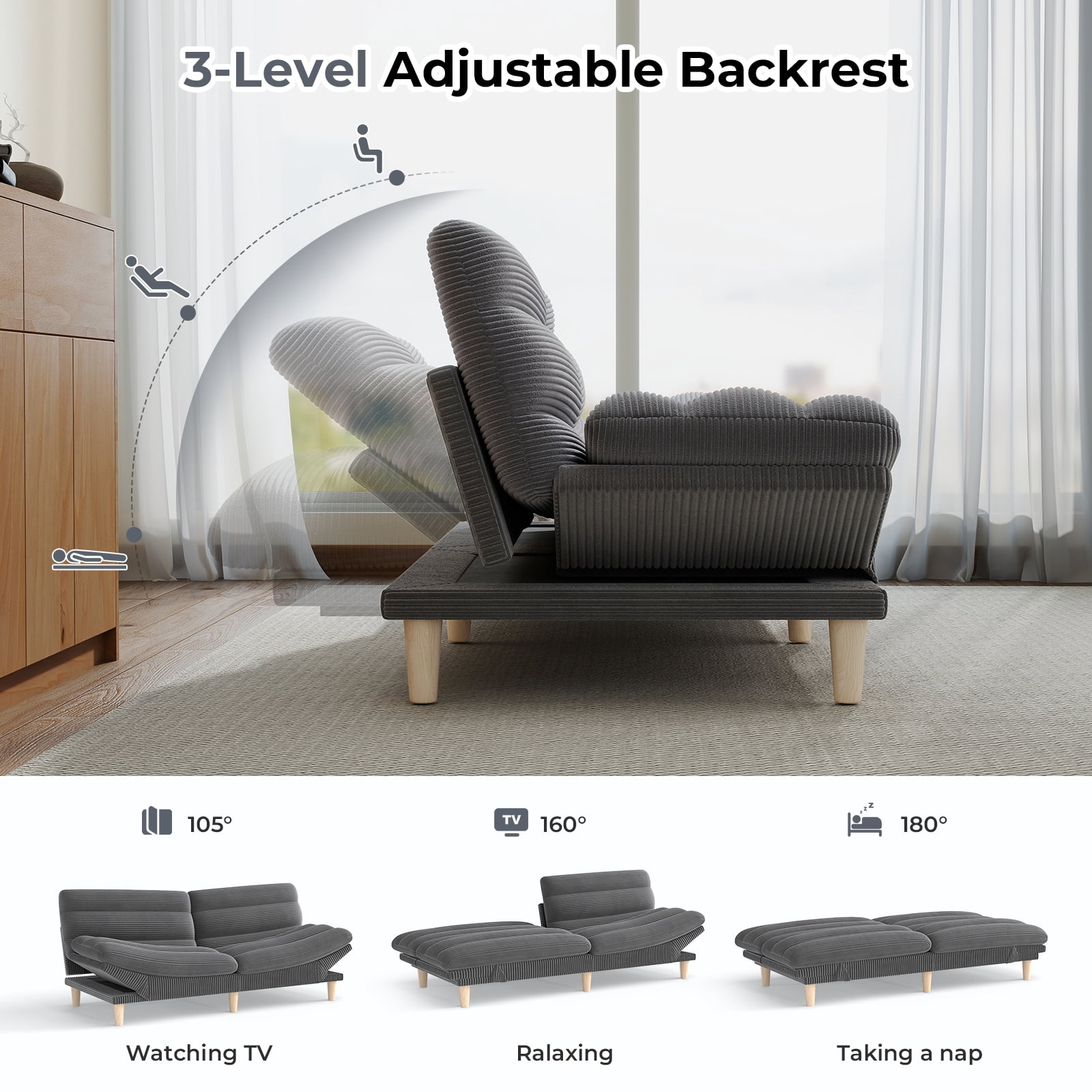 Ebello Convertible Futon Sofa Bed, Fabric with 3-Position Reclining Backrest and Adjustable Armrests for Living Room Apartment Office, Gray